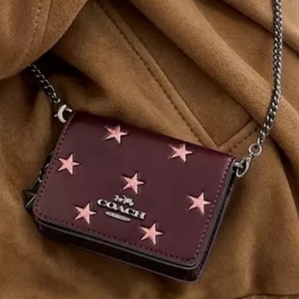 Coach Boxed Mini Burgundy Wallet On A Chain With Star Print